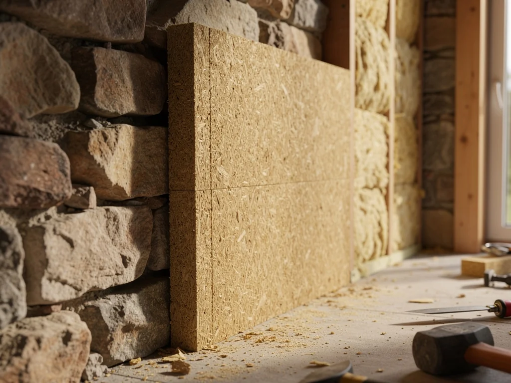 Panneaux de fibre de bois calés contre un mur en pierre avant finition