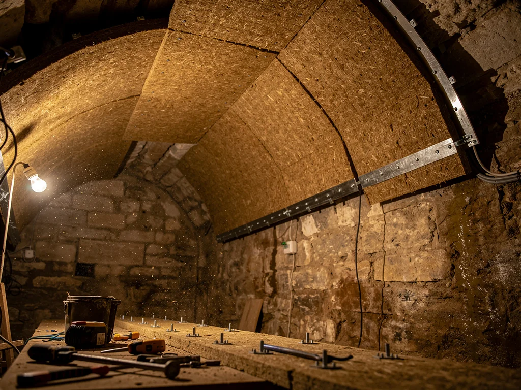 Isolation du plafond d'une cave voûtée en pierre par panneaux biosourcés