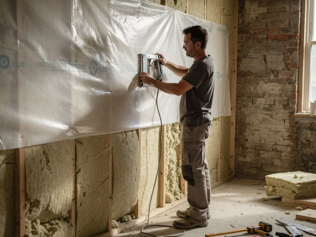 Pose d'un frein-vapeur hygrovariable sur l'isolant d'un mur ancien